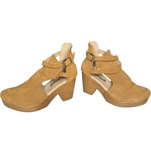 Free People Cedar Clog Heels Taupe Suede Platform Ankle Strap Chunky Size 8.5